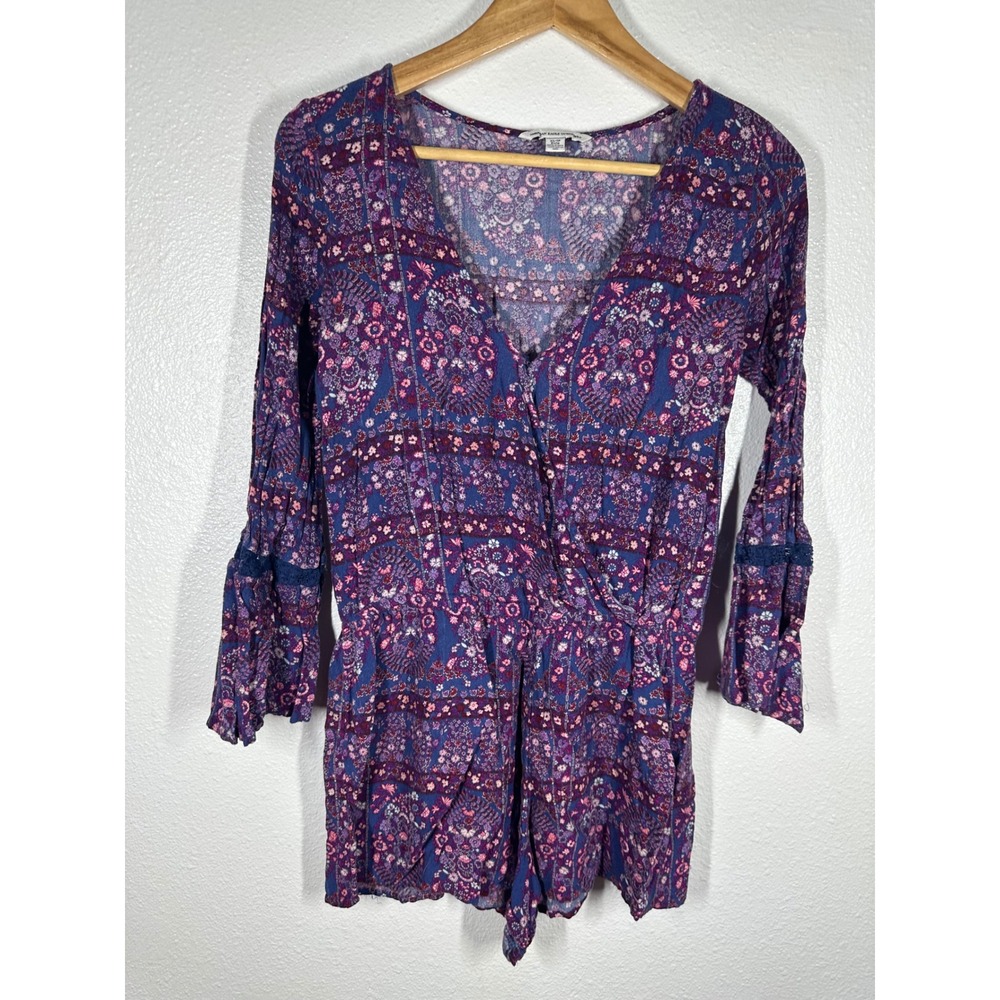 American Eagle‎ Romper Womens XS Blue Floral Boho Surplice Bell Sleeve Lace Trim